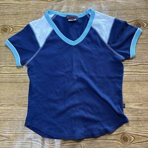 Vintage Y2K Baby Tee Big Flirt Blue V Neck Fitted Made in USA Women’s Medium